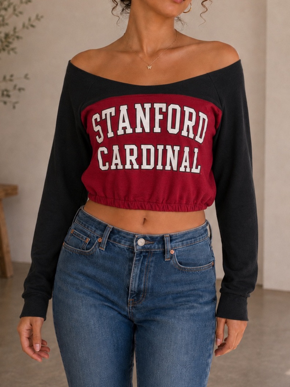 Stanford Cardinal Off-Shoulder Cropped Sweatshirt - Black & Cardinal